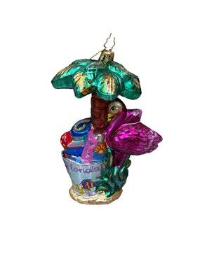 Radko Flamingo Under Palm Tree Florida Christmas Nautical Ornament Sea Sun Surf